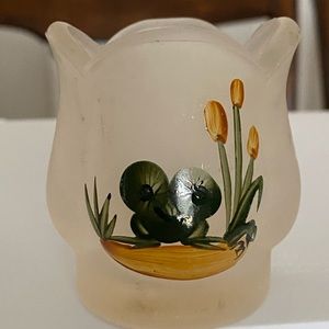 Vintage Candle Holder White Frosted Fluted Tulip Hand Painted Green Frog Flowers
